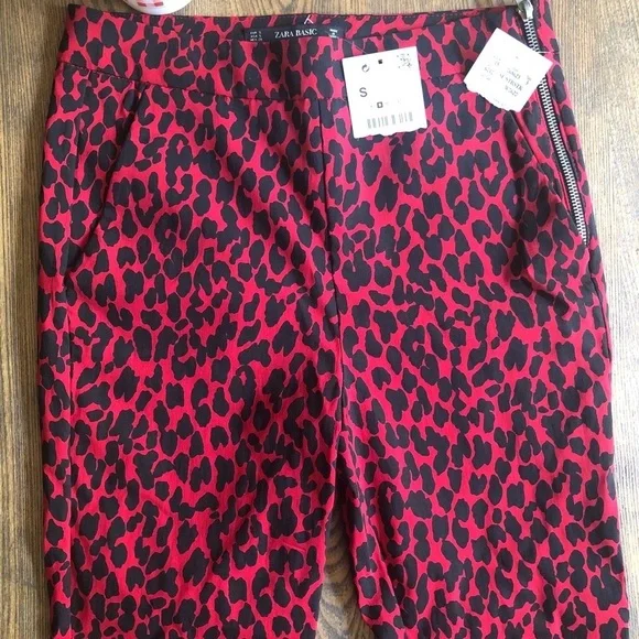 NEW Zara Basic cheetah red/black cropped pant Small Safari Casual - Picture 3 of 15